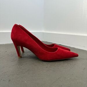 Good American Red Suede Leather The Icon Pointed Toe Pump Stiletto Heel Size 8